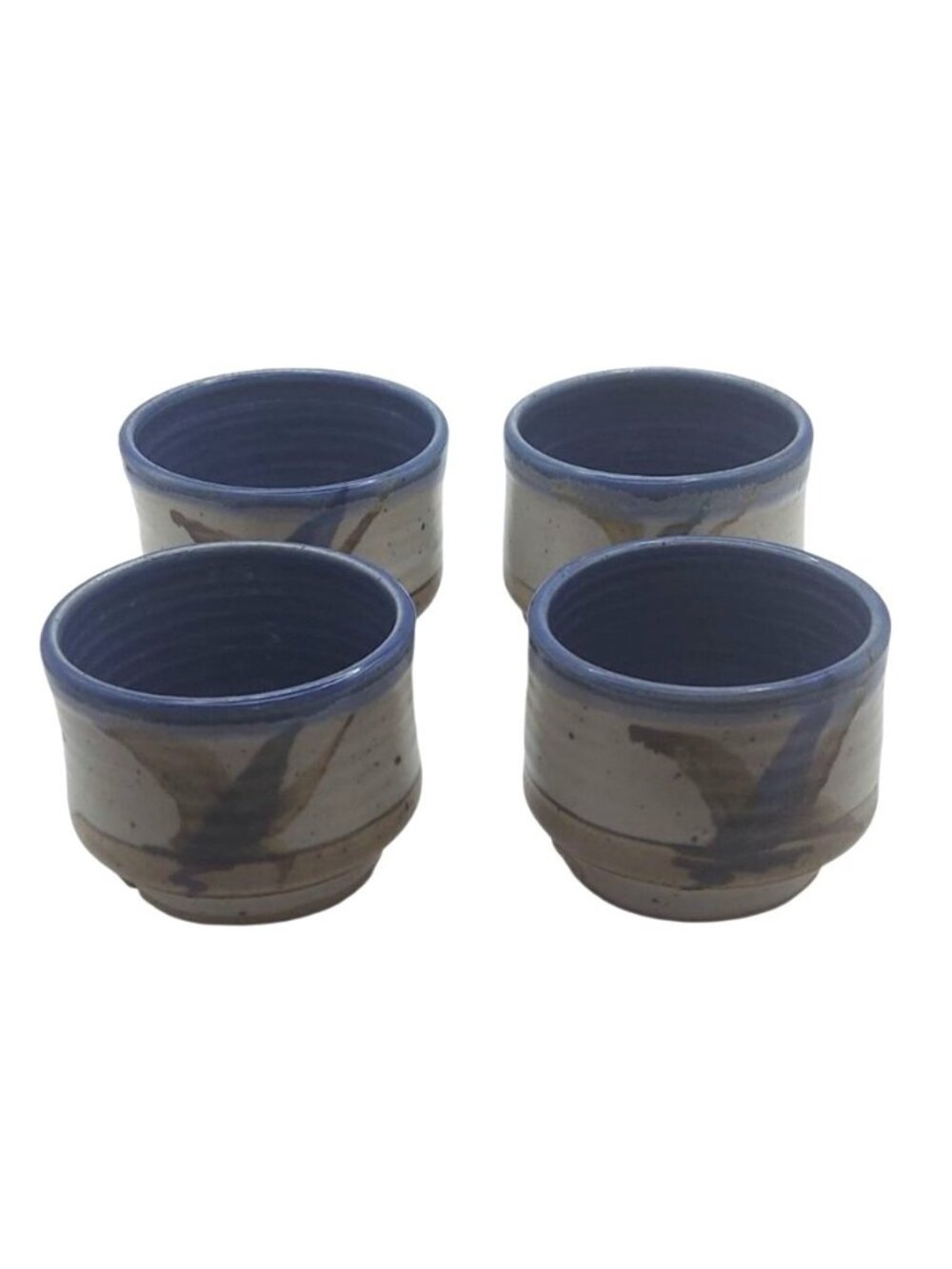Vintage Japanese Studio Pottery Hand Thrown Tea Cups Set Of 4 Blue & Brown Glaze - Picture 3 of 8
